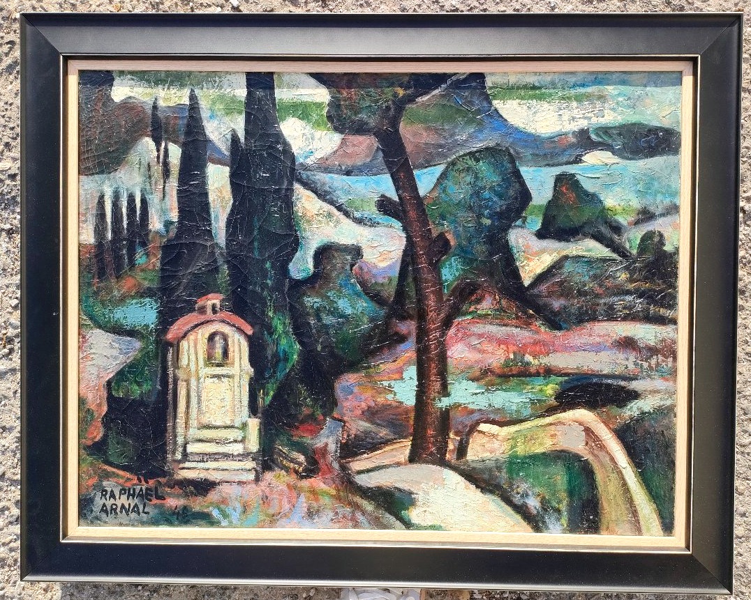 Raphael Arnal (1906-1963), Paysage à l'oratoire, Huile sur toile signée, encadrée, 1948-photo-2