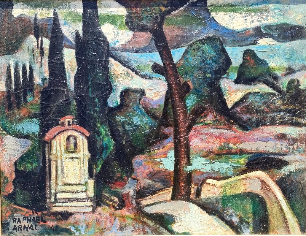 Raphael Arnal (1906-1963), Paysage à l'oratoire, Huile sur toile signée, encadrée, 1948