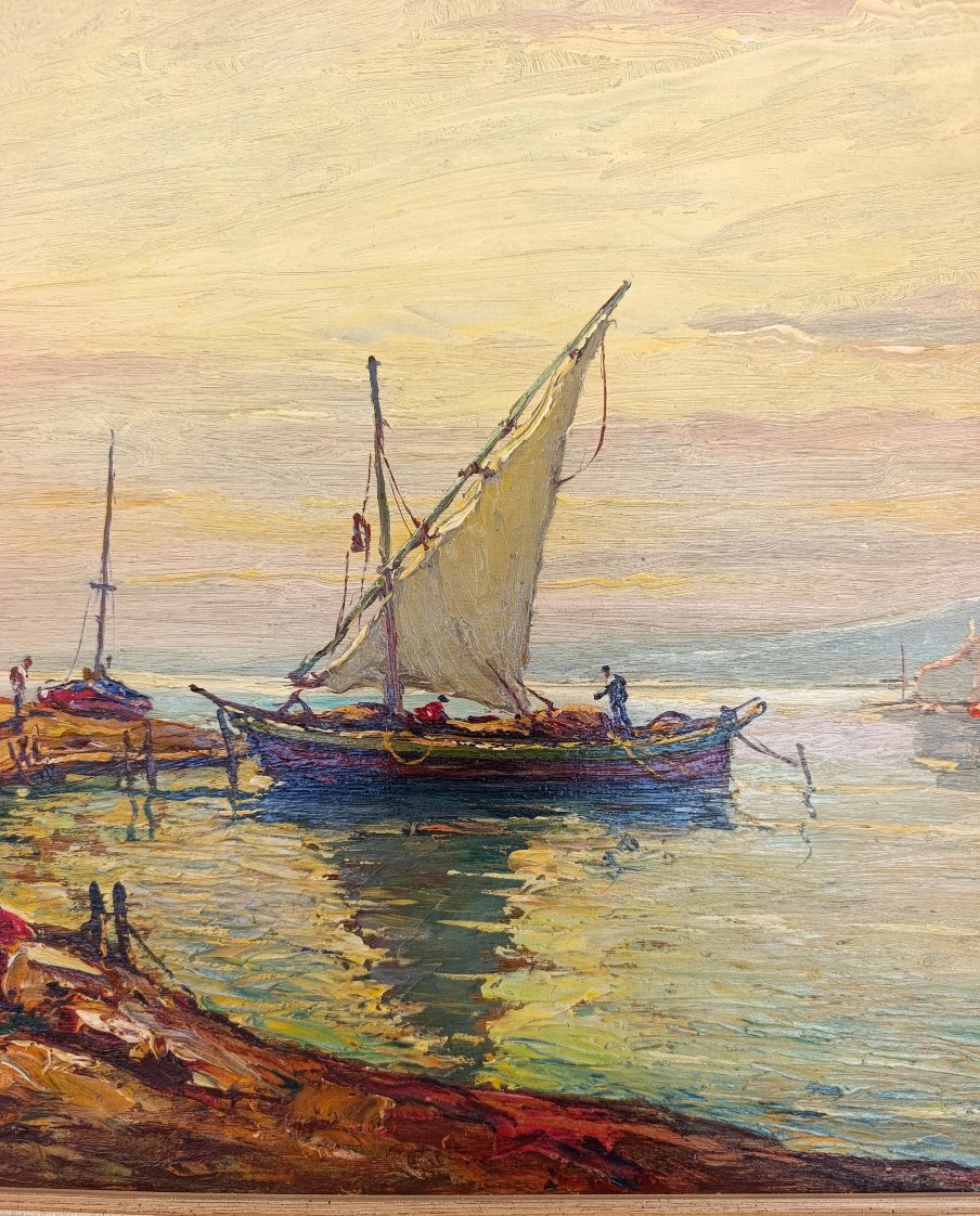 Joseph Hurard (1887-1956), Paysage de bord de mer,Martigues?huile sur panneau, signée, encadrée-photo-2