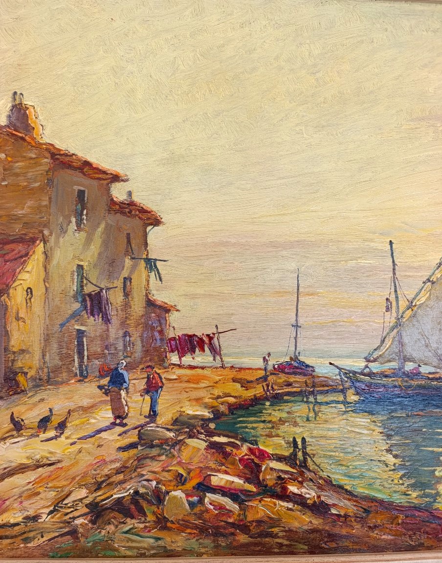 Joseph Hurard (1887-1956), Paysage de bord de mer,Martigues?huile sur panneau, signée, encadrée-photo-4