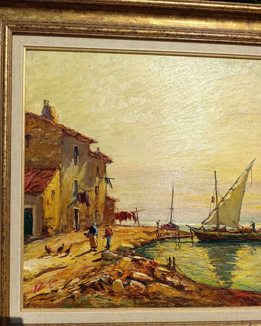 Joseph Hurard (1887-1956), Paysage de bord de mer,Martigues?huile sur panneau, signée, encadrée-photo-1