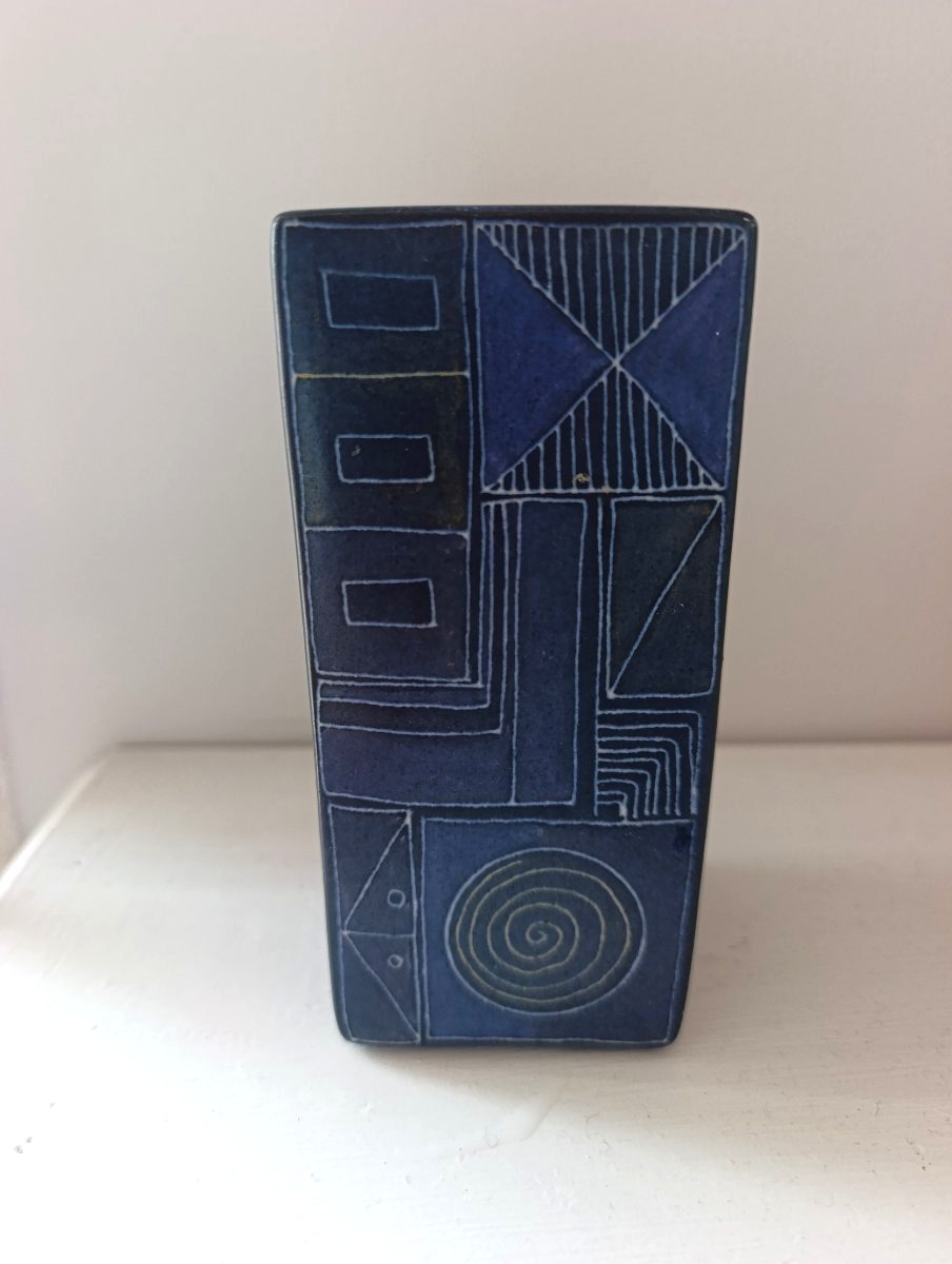 Square Ceramic Pot With Blue And Black Geometric Decoration, 1950s/60s-photo-1