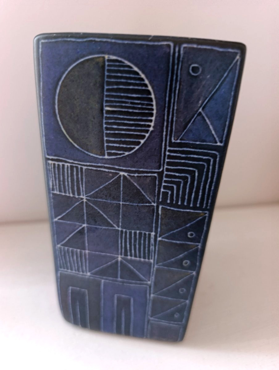 Square Ceramic Pot With Blue And Black Geometric Decoration, 1950s/60s