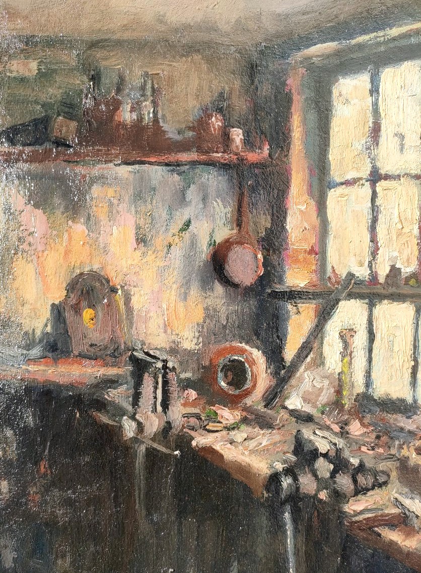 Ecole Française XXème, l'établi au repos, Huile Sur Carton Signée à Droite,-photo-3