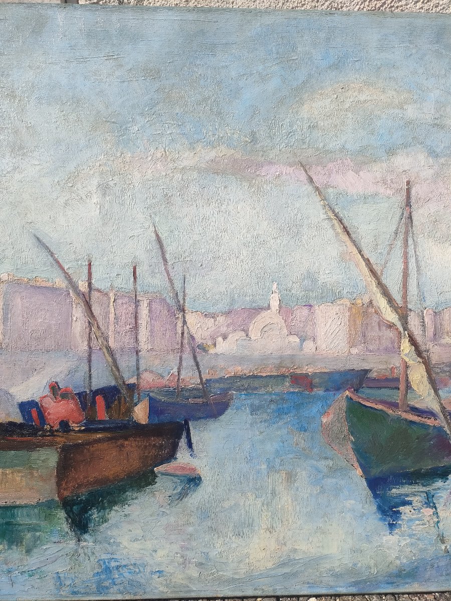 J. Eggimann (1872-1929), Huile sur toile signée, datée 1929, Le port d'Alger, encadrée-photo-2