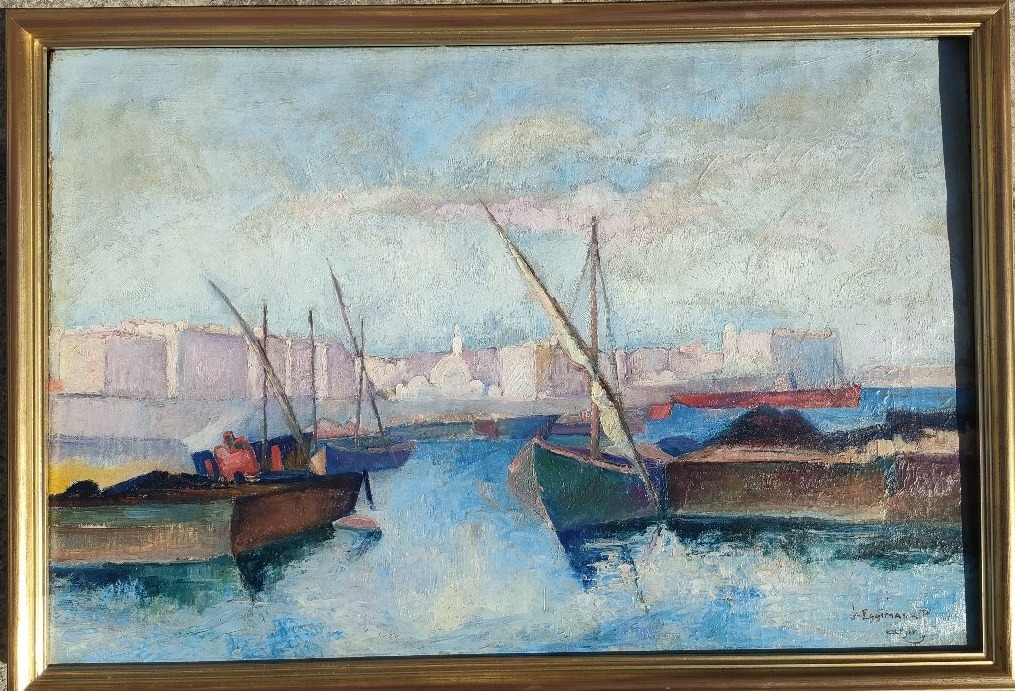 J. Eggimann (1872-1929), Huile sur toile signée, datée 1929, Le port d'Alger, encadrée-photo-1