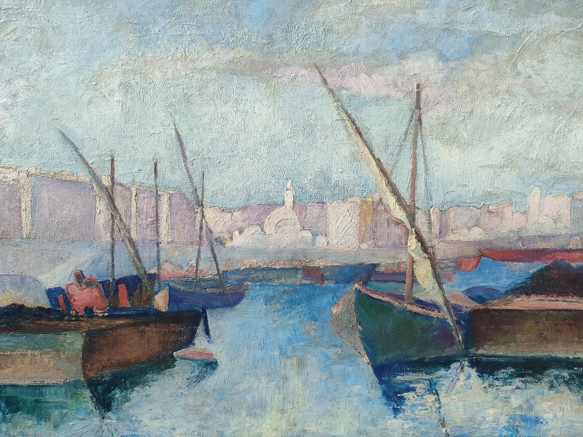 J. Eggimann (1872-1929), Huile sur toile signée, datée 1929, Le port d'Alger, encadrée