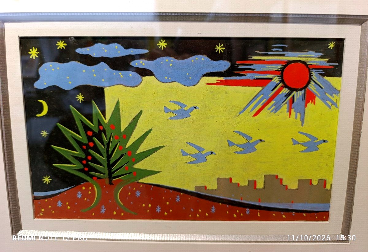 W.G. MAXON (1894-1971), les oiseaux, gouache sur papier signée au dos cachet, encadrée-photo-4