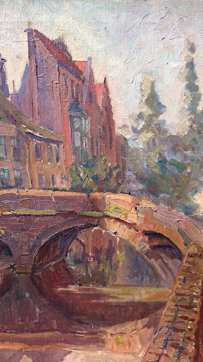 P. Froidevaux, (1918-1998), Bruges Le Pont Flamand, Huile Sur Toile Signée, Datée 1936-photo-2