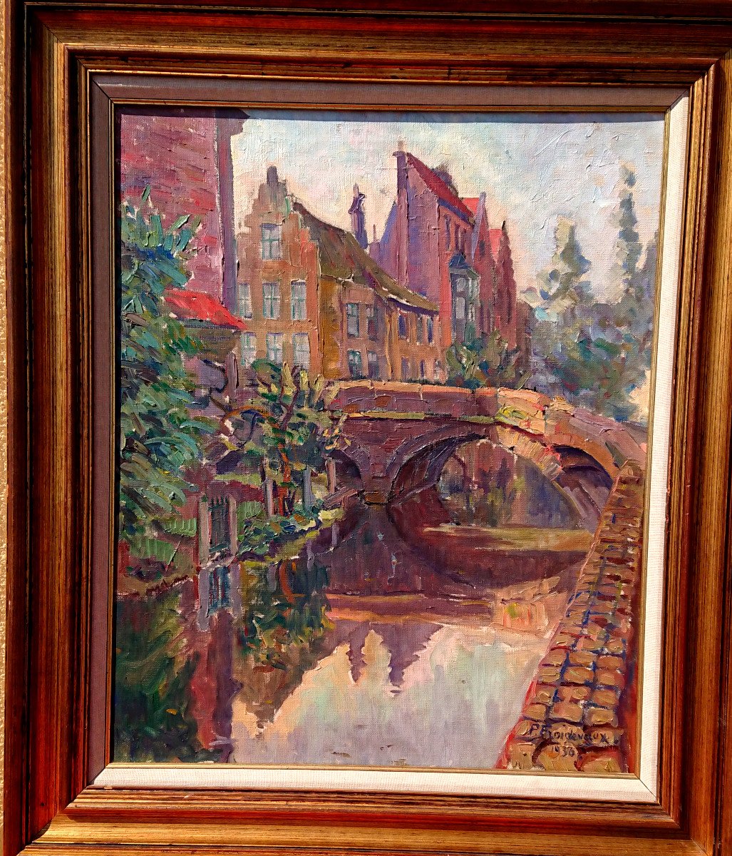 P. Froidevaux, (1918-1998), Bruges Le Pont Flamand, Huile Sur Toile Signée, Datée 1936-photo-3