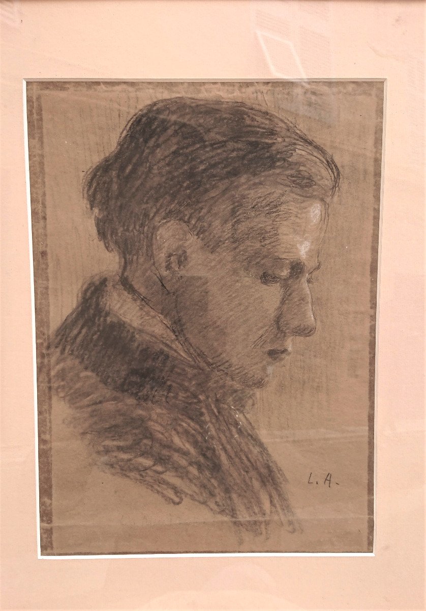 Louis Audibert (1880-1983), Portrait d'Homme, Fusain Sur Papier, Cadre Sous Verre