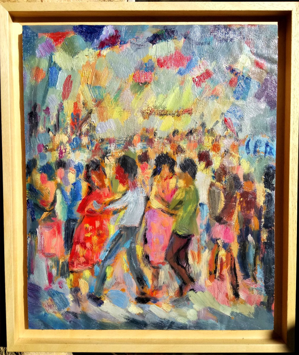 Rosso. R, (1924-1988), Le Bal Du July 14, Oil On Paper Signed, Wood Frame-photo-3