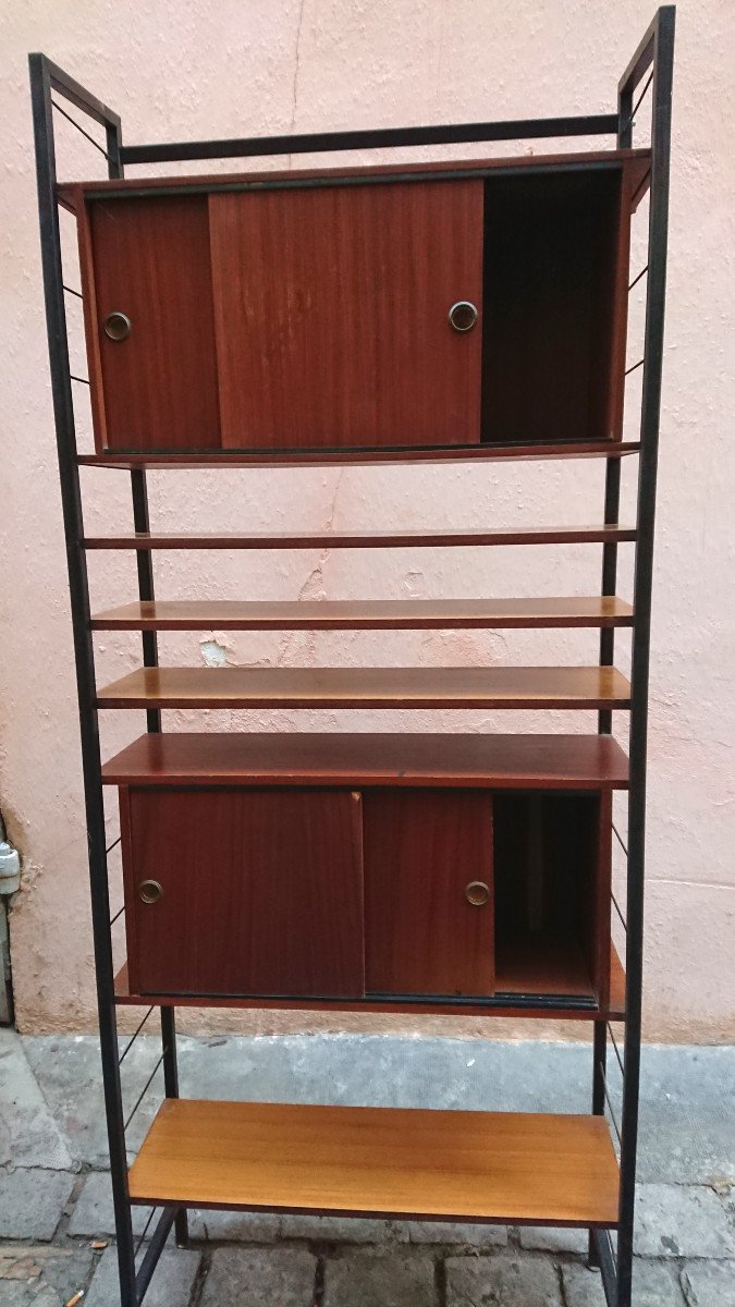 50s/60s Design Modular Bookcase, Exotic Wood And Metal, Good Condition-photo-4