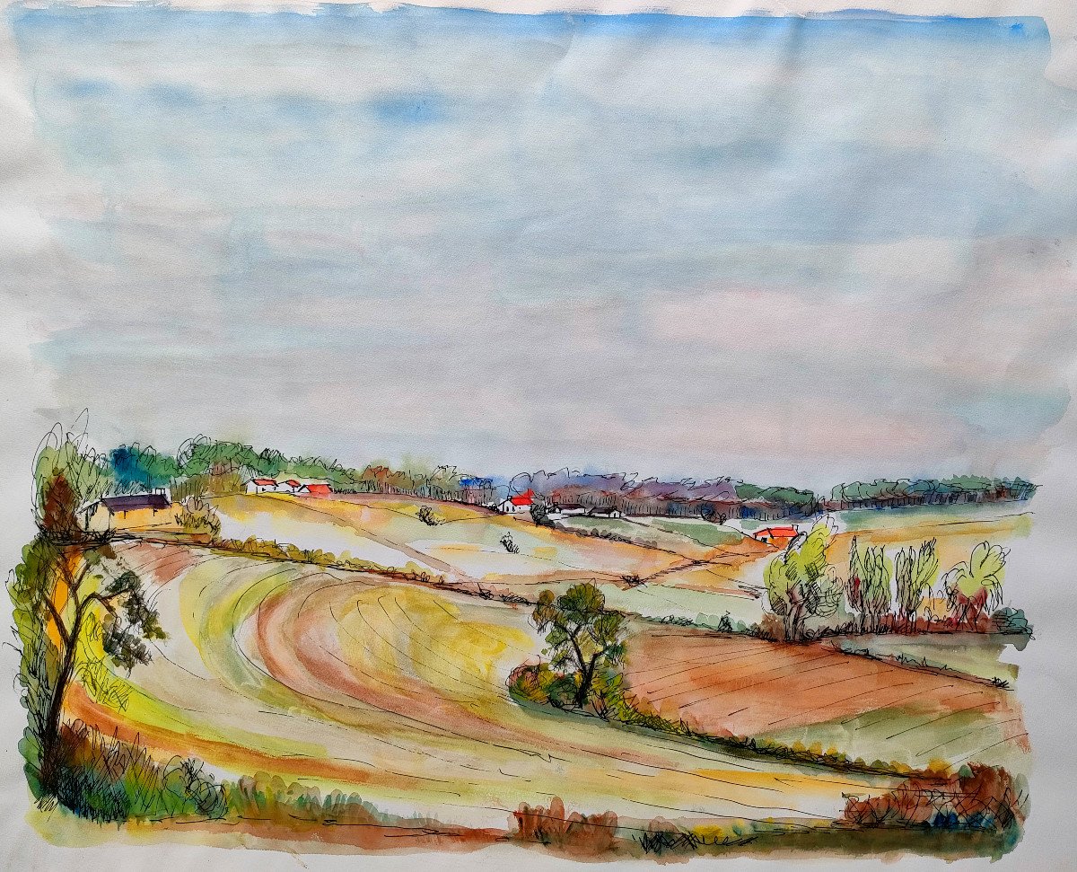 E. Morisot (xxth), Countryside Landscape, Ink And Watercolor On Paper, Signed, 1950s-photo-2