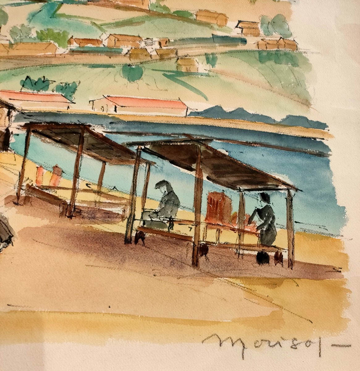 E. MORISOT (xxème), Village Au Viet Nam, Aquarelle Et Crayon Sur Papier, Signée, 1960-photo-2