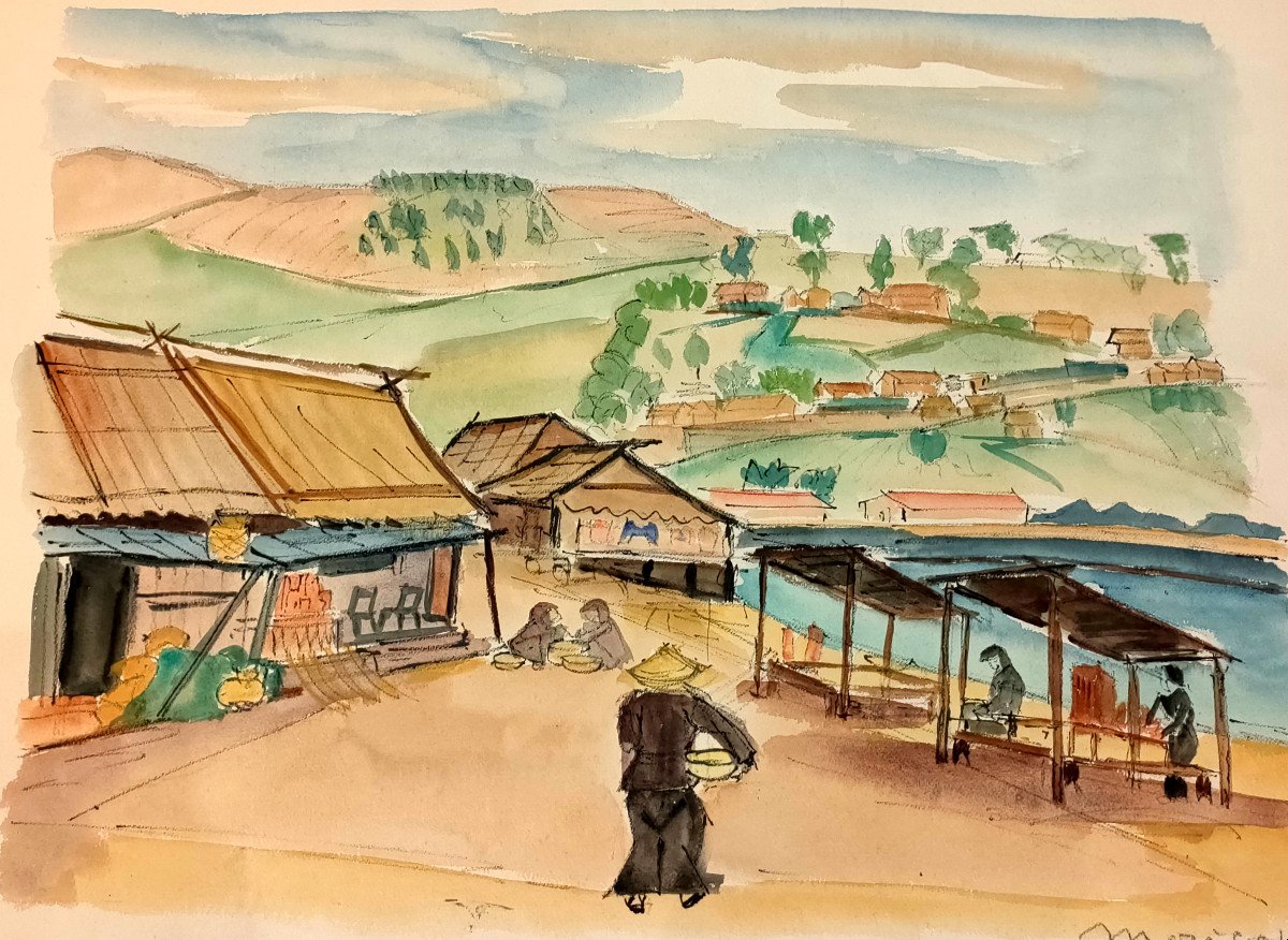 Morisot.e (xxth), Village In Viet Nam, Watercolor And Pencil On Paper, Signed, 1960-photo-4