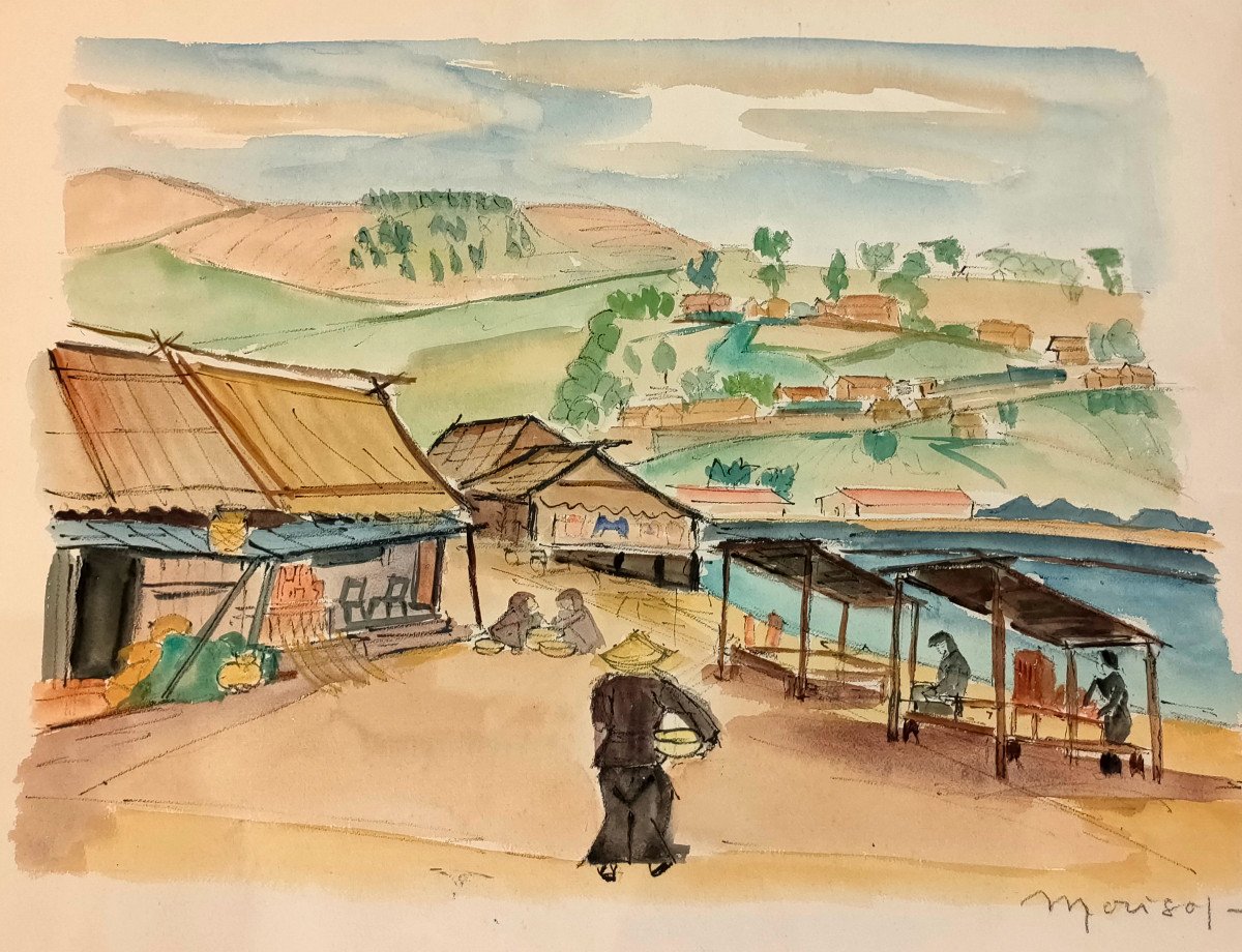 E. MORISOT (xxème), Village Au Viet Nam, Aquarelle Et Crayon Sur Papier, Signée, 1960