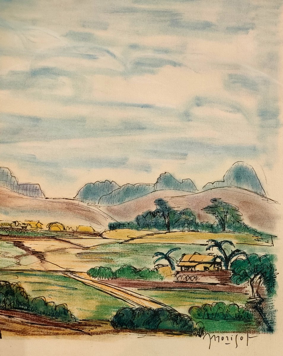 E. MORISOT (xxème), Paysage Du Viet Nam, Aquarelle Et encre Sur Papier, Signée, 1960-photo-2