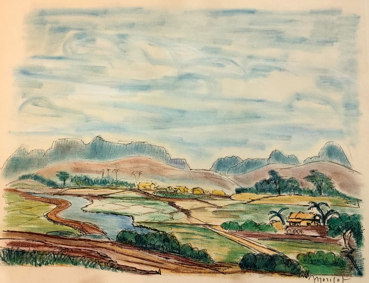 E. MORISOT (xxème), Paysage Du Viet Nam, Aquarelle Et encre Sur Papier, Signée, 1960