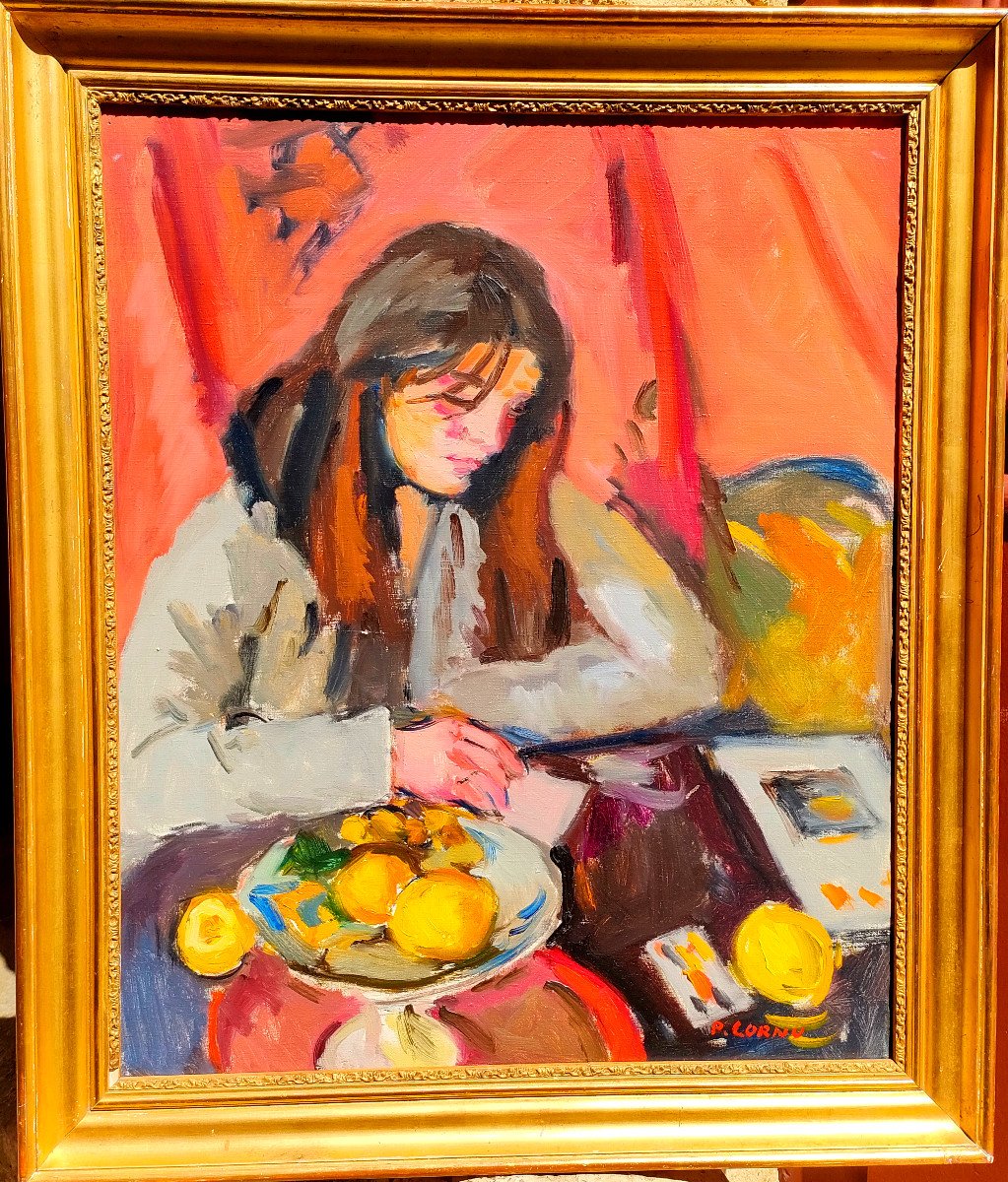 Horned. P (1893-1996), Young Woman Reading, Oil On Canvas Signed Lower Right, Golden Frame-photo-2