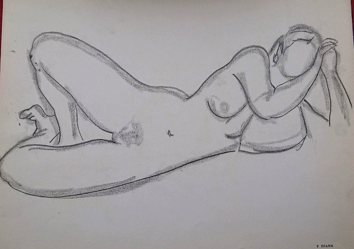 F. Diana (1903-1993), Reclining Nude, Drawing On Paper, Signed-photo-1