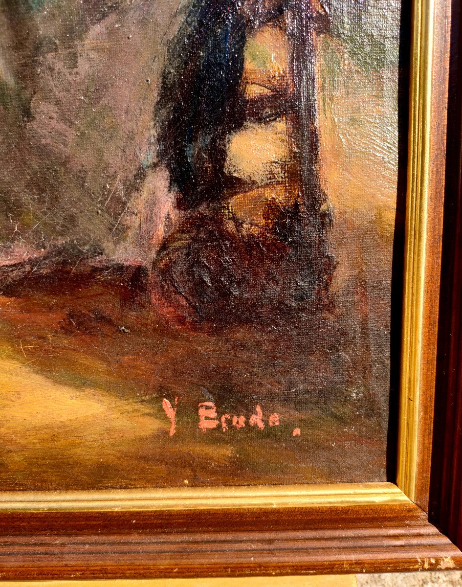 Y. Brudo (xxème), La Veillée, Huile Sur Toile Signée En Bas à Gauche, Encadrée-photo-3