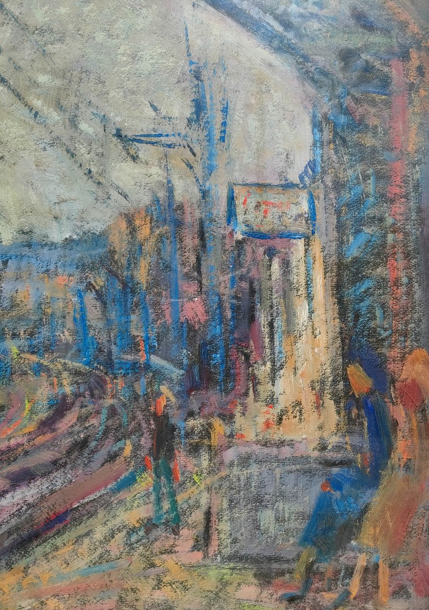 R. Rosso (1924-1986), La Gare, Pastels Sur Papier, Signé, Encadré Sous Verre-photo-4