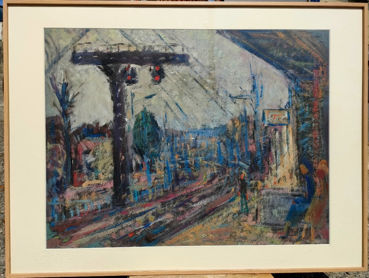 R. Rosso (1924-1986), La Gare, Pastels Sur Papier, Signé, Encadré Sous Verre-photo-2