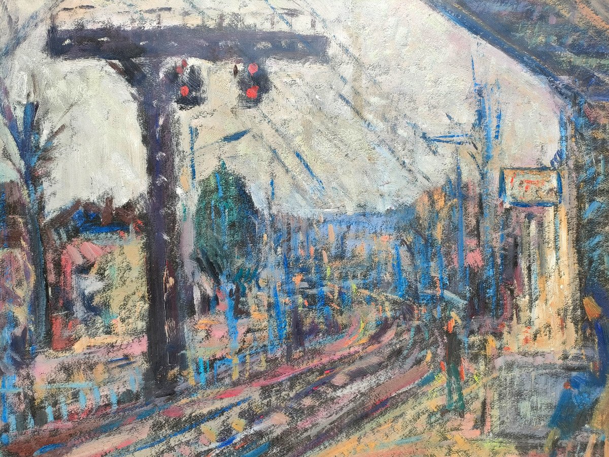 R. Rosso (1924-1986), La Gare, Pastels Sur Papier, Signé, Encadré Sous Verre