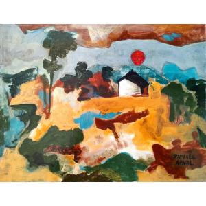 Raphael Arnal (1906-1963), Shed In The Red Sun, Oil On Cardboard Signed, Framed
