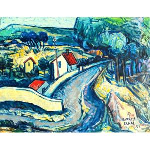 R. Arnal ( 1906-1963), La Route Bleue, Gouache Et Huile Sur Papier, 1955, Encadrée