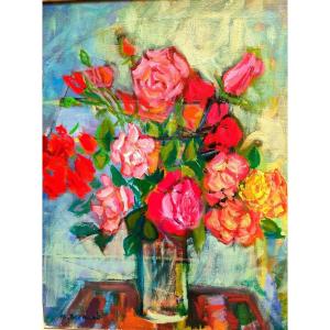 Marg Bremond (1911-1991), Vase Au Bouquet De Roses, Huile Sur Toile Signée, Encadrée