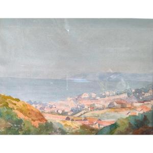 Therese Lartin? (xxth), View Of The Blue Coast, Watercolor On Paper, Signed, Framed