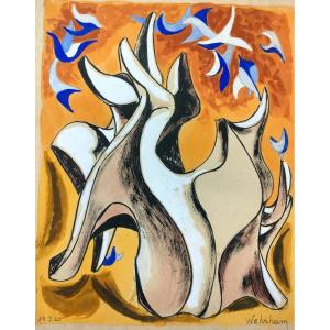 Bud Wehrheim (1910-2001), Surrealist Composition, Gouache On Paper, Signed, 1960