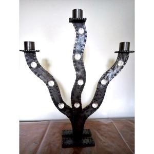 Sylvain Suverbie (20th Century), 3-branched Candlestick, Wrought Iron And Rock Crystal, Signed