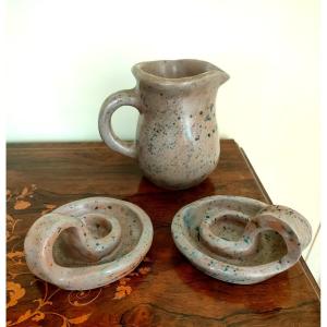 Pitcher And Pair Of Candlesticks In Glazed Ceramic, 1970s, Signed Th Under The Base