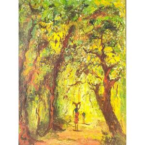 Balhi (20th Century), The Water Carrier In The Forest, Oil On Canvas Signed, Framed