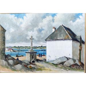 Marcel G. Hue (1907-), Vue de Saint-cado, Morbihan, Huile Sur Toile Signée à Droite