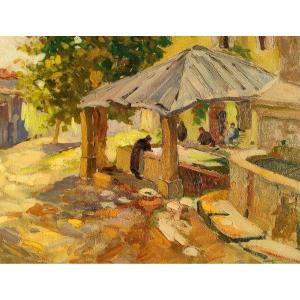 Maurice Martin (1894-1978), Le Lavoir Provençal, Huile Sur Panneau, Signée, Encadrée