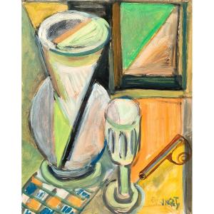 E. Ronget (1893-1980), Nature Morte Au Vase Et Au Verre, Gouache Et Huile Sur Papier, Signée