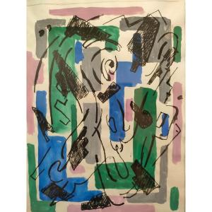 Albert Coste (1895-1985),  Abstraction,  Gouache  Sur Papier, Signée à Droite, 56, Encadrée.