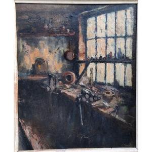 French School 20th Century, Workbench, Oil On Cardboard Signed On The Right