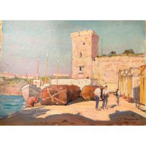 J. Denjerma (20th Century), Le Fort Saint Jean, Oil On Cardboard Signed, Dated 45