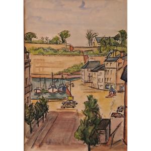 E. Morisot (xxème), Le Petit Port, Fusain Et Aquarelle Sur Papier, 