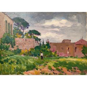 J. Denjerma (20th Century), The Garden Of The Institute, Oil On Cardboard Signed, 1940s