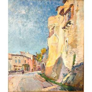 J. Aubery (1880-1952), Les Remparts de Grignan, huile sur toile signée, encadrée