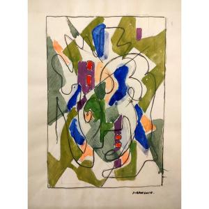 A. Coste (1896-1985), Composition Abstraite, Aquarelle Et Encre Sur Papier, Signée à Droite.
