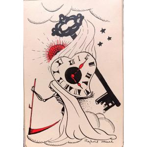 Raphael Arnal (1906-1963), L'horloge et la clé, Encre Sur Papier, Signée, Encadrée, 1932