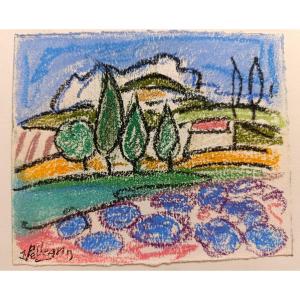 Jacques Pellegrin (1944-2021), La Maison aux cyprès, Pastel Sur Papier, Signé, 1990