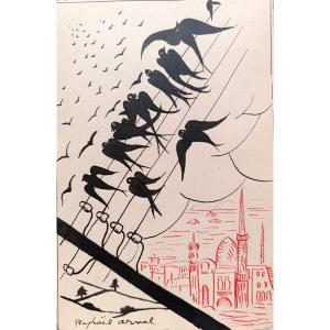 Raphael Arnal (1906-1963), Retour des hirondelles, Encre Sur Papier, Signée, Encadrée, 1932